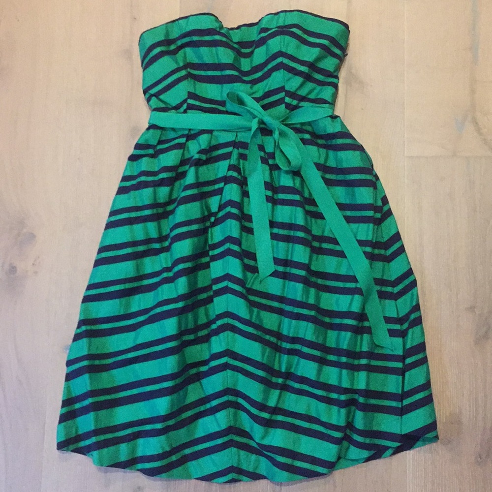 Navy and green strapless anthropologie dress